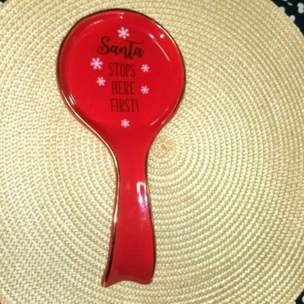 Christmas Spoon Rest Red Gold Ceramic 